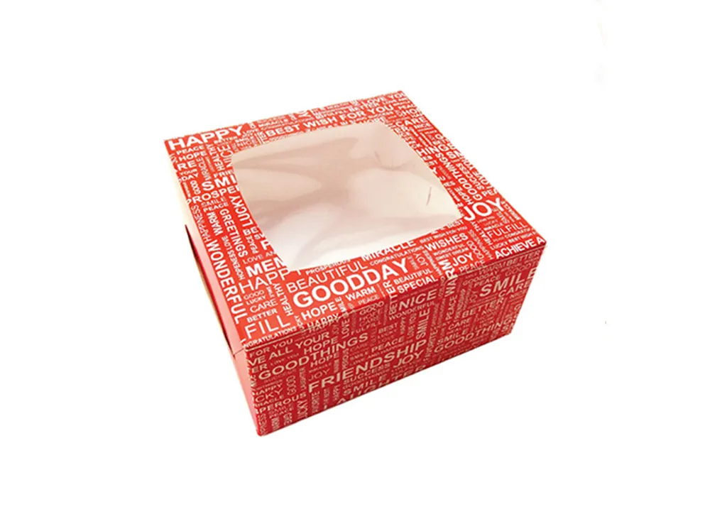 กล่องขนม Happy แดง มีหน้าต่าง 15*15*7.5 cm (1*10) PSN3S05